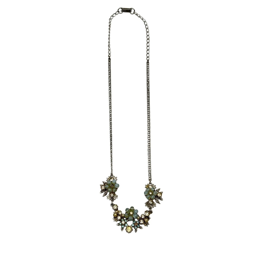 Vintage Silver Tone Floral Bib Necklace Blue Glass‎ Beads Faux Pearl